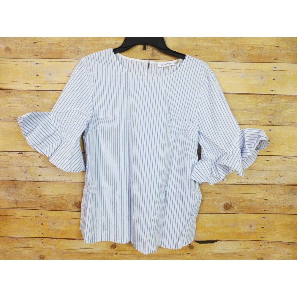 Calvin Klein Women Shirt Large Blue White Stripes 3/4 Sleeve Butterfly Ruffle - Picture 1 of 7